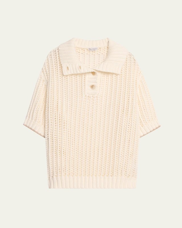 Short-Sleeve Summer Rope Knit Half Button Sweater